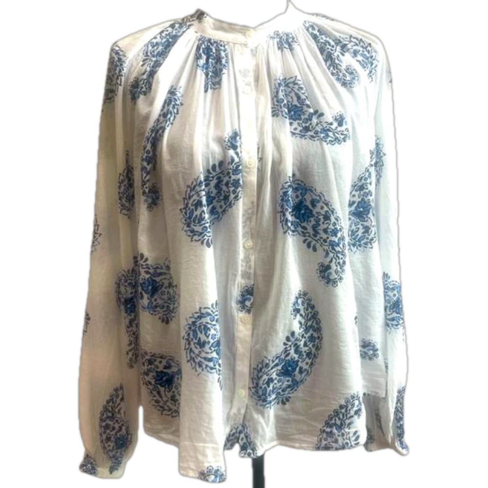 WOMENS H&M WHITE BLUE PAISLEY LONG SLEEVE BUTTON UP BLOUSE
